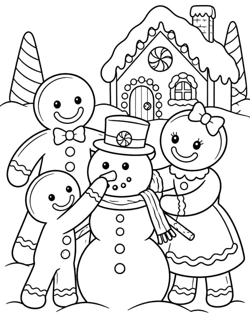 Gingerbread father, mother and child building a snowman with top hat, in front of a gingerbread house