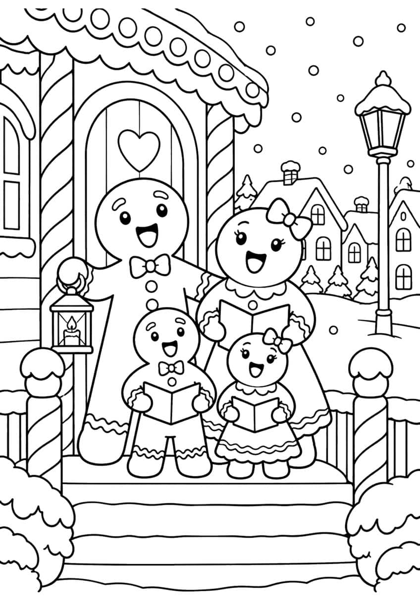 Four singing gingerbread cookies with songbooks and a lantern on a snowy porch with a heart door and street lamp