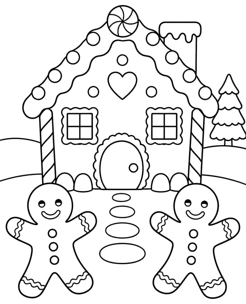 Gingerbread house with round door, two windows, chimney, two gingerbread men and a path of oval stones