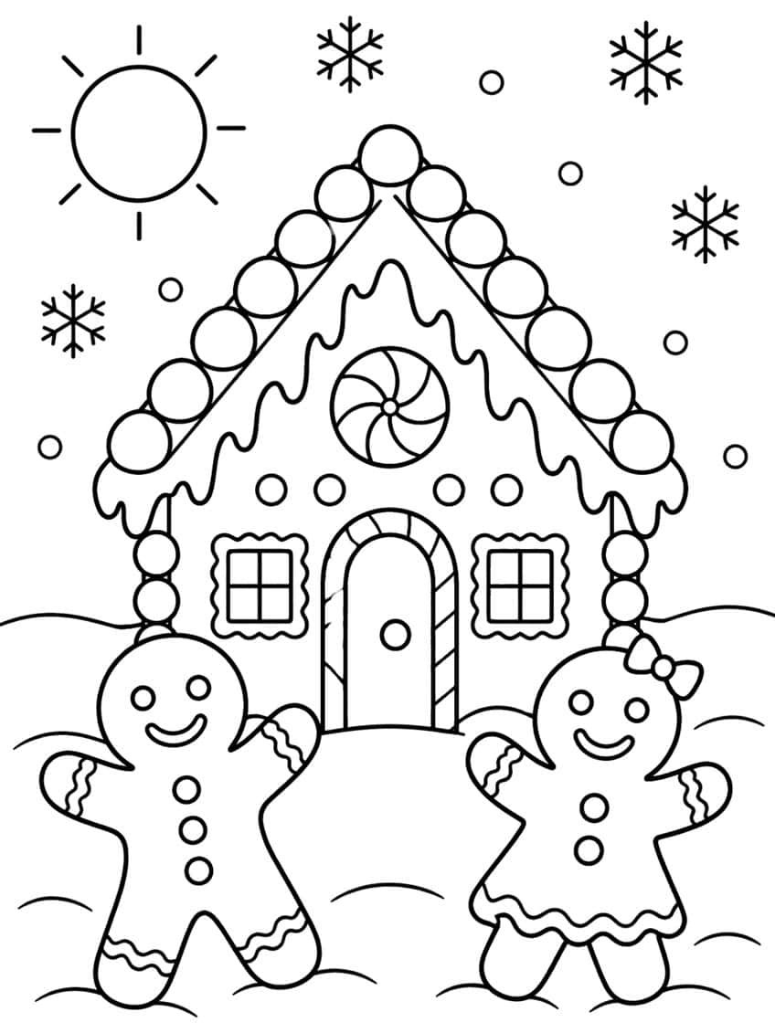 Gingerbread house with gumdrop roof, candy-cane door, gingerbread boy and girl, sun and snowflakes
