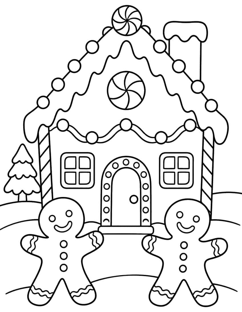 Gingerbread house with icing garland, peppermint window, chimney, two gingerbread men and a fir tree