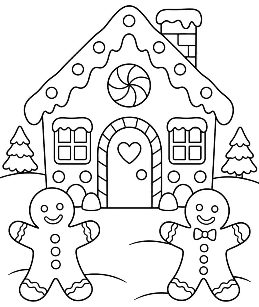 Gingerbread house with chimney and peppermint, two gingerbread men, two pine trees