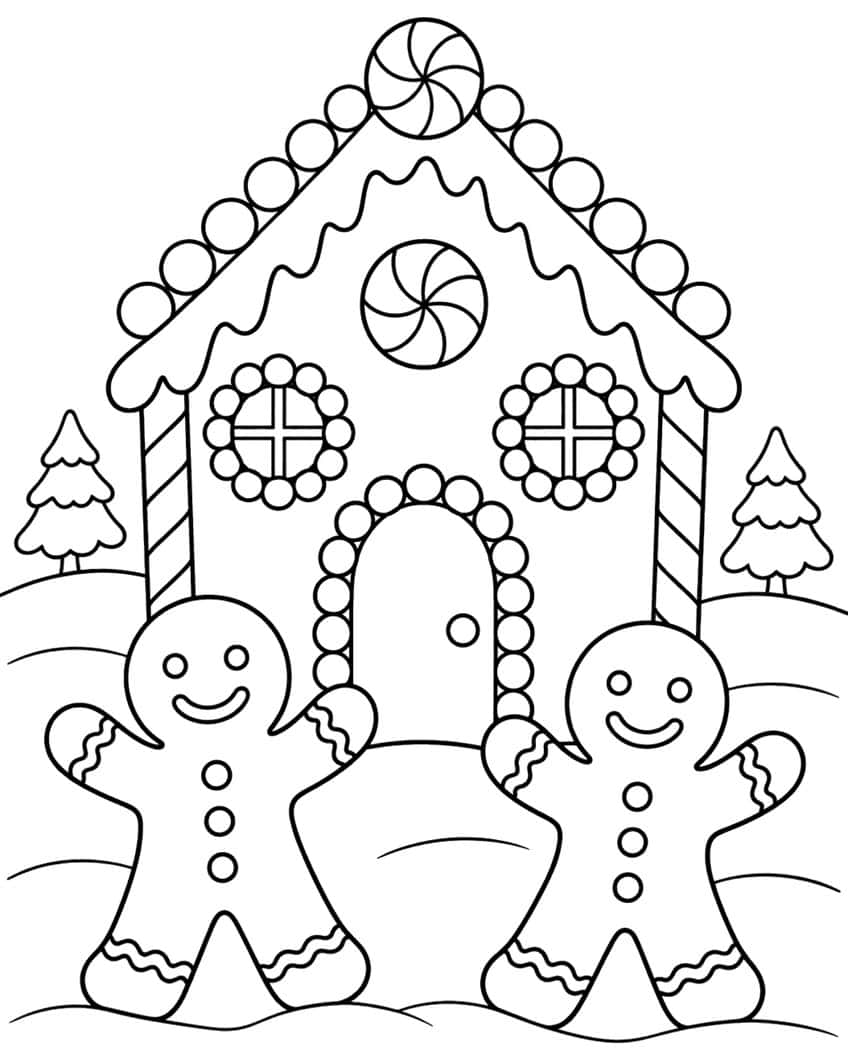 Gingerbread house with bead-ringed round windows, peppermints, two gingerbread men and fir trees