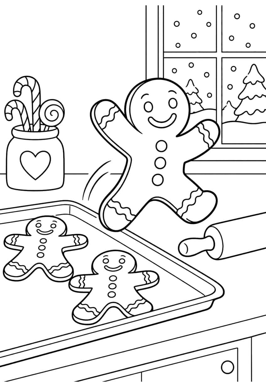 Gingerbread man leaping off a baking tray beside two cookies, rolling pin, candy cane jar and snowy window