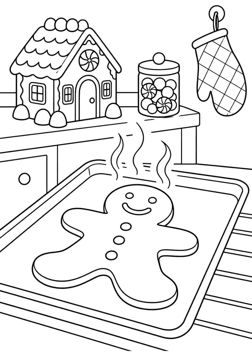 Gingerbread man on a baking sheet with steam, gingerbread house, candy jar and hanging oven mitt