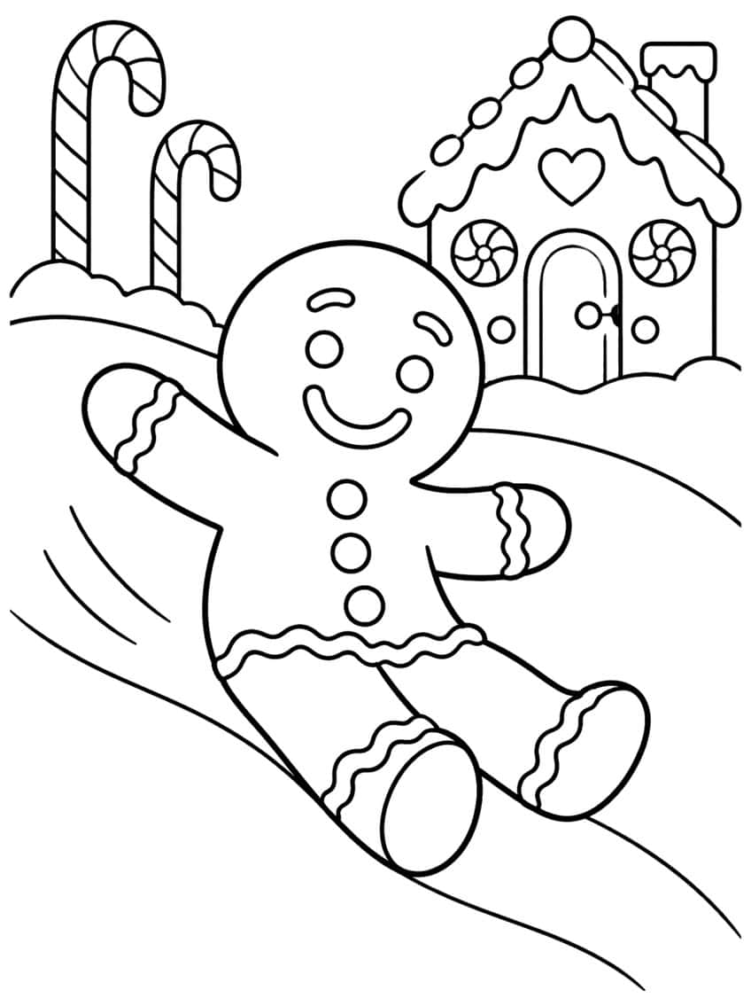Gingerbread man sliding down a snowy hill past two candy canes and a small gingerbread house