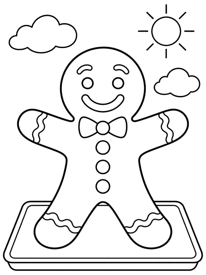 Smiling gingerbread man with bow tie and buttons on a baking tray, with sun and two clouds