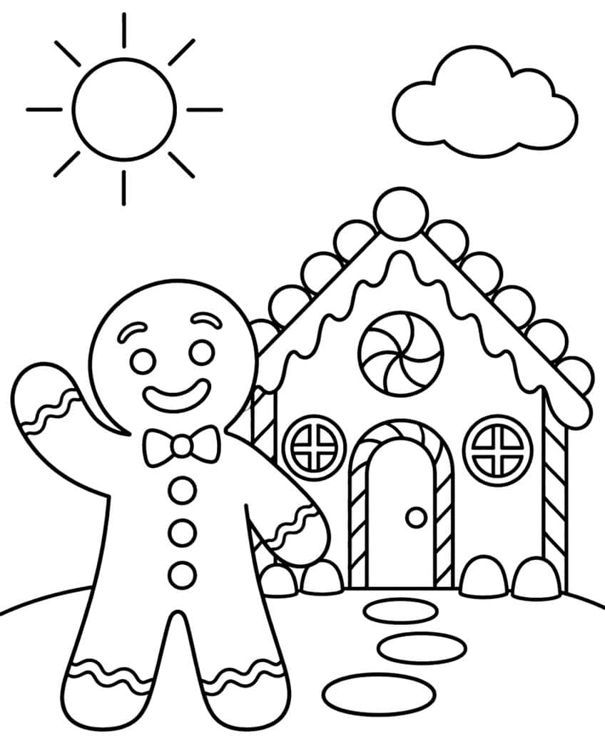 Waving gingerbread man with bow tie, gumdrop house, sun, cloud and stepping stones