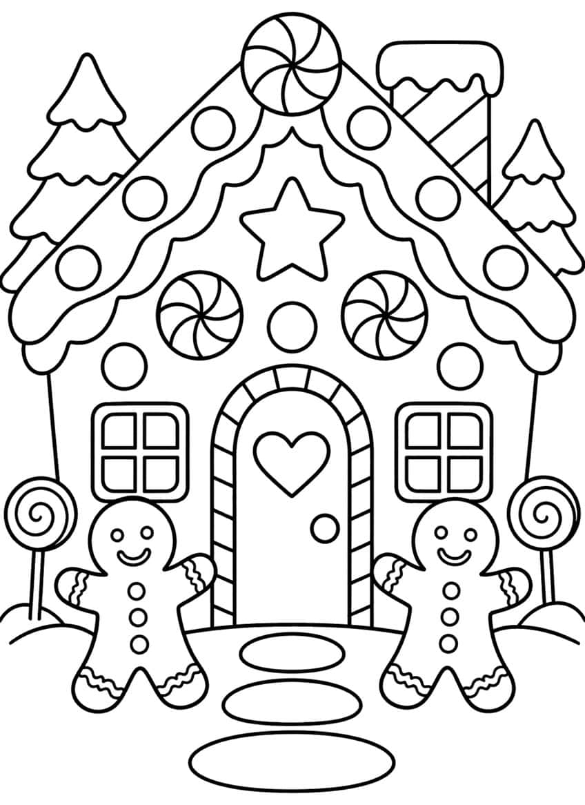 Gingerbread house with star, candy cane door, two gingerbread men, lollipops, pine trees and chimney