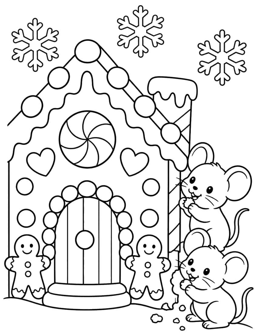 Gingerbread house wall with peppermint window, gumdrop door, two gingerbread men, two mice and snowflakes