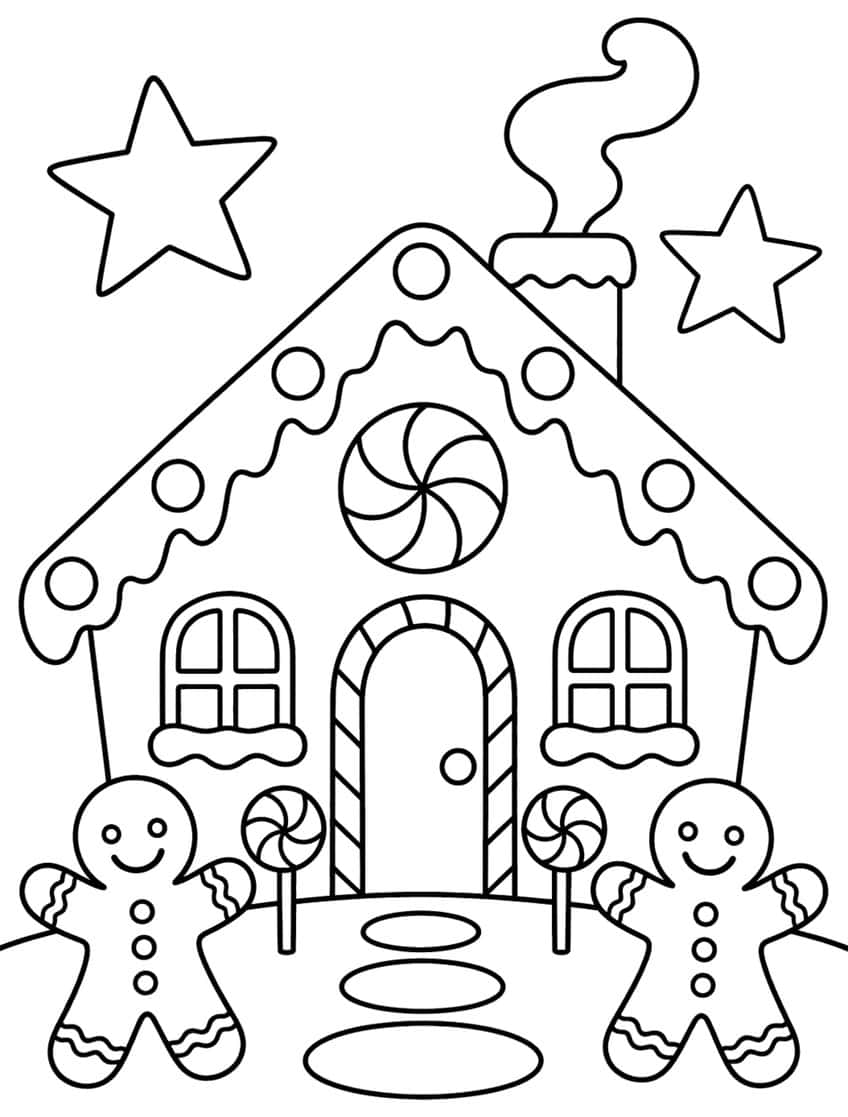 Gingerbread house with smoking chimney, peppermint window, candy cane door, two gingerbread men and two stars
