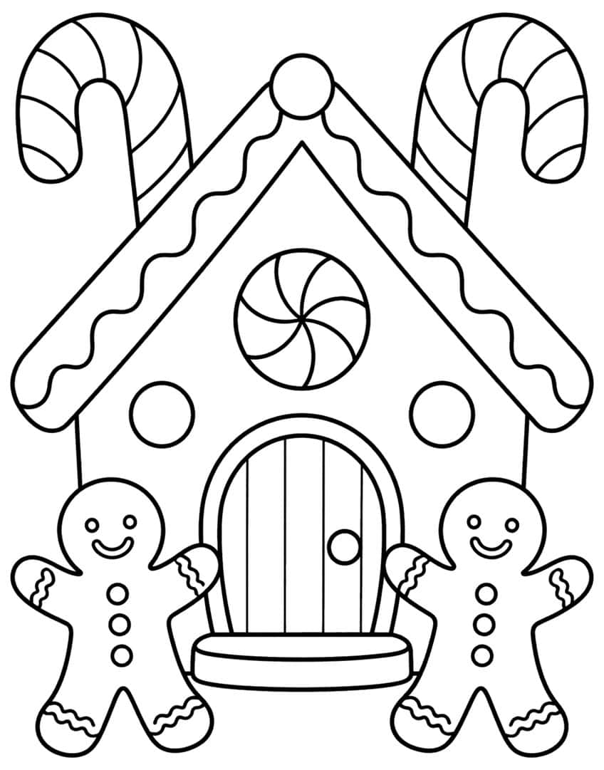 Gingerbread house with peppermint window, arched door, two gingerbread men and two candy canes