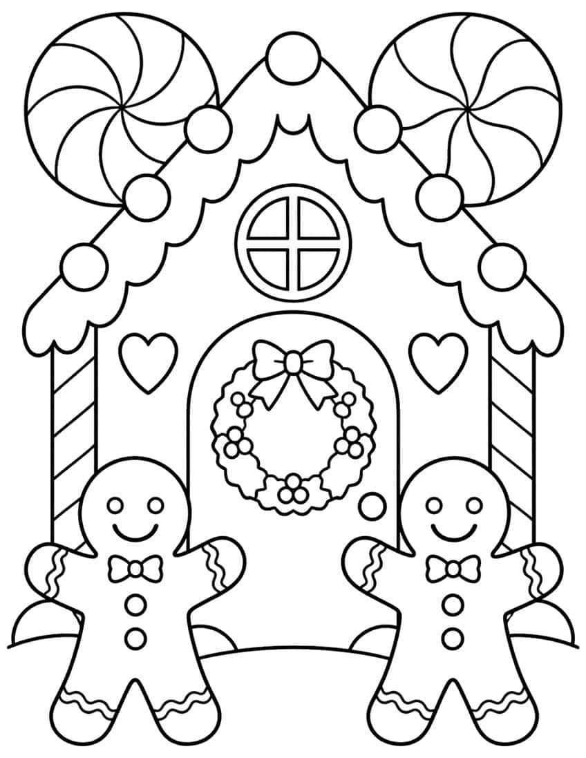 Gingerbread house with holly wreath door, two swirl lollipops, round window and two gingerbread men