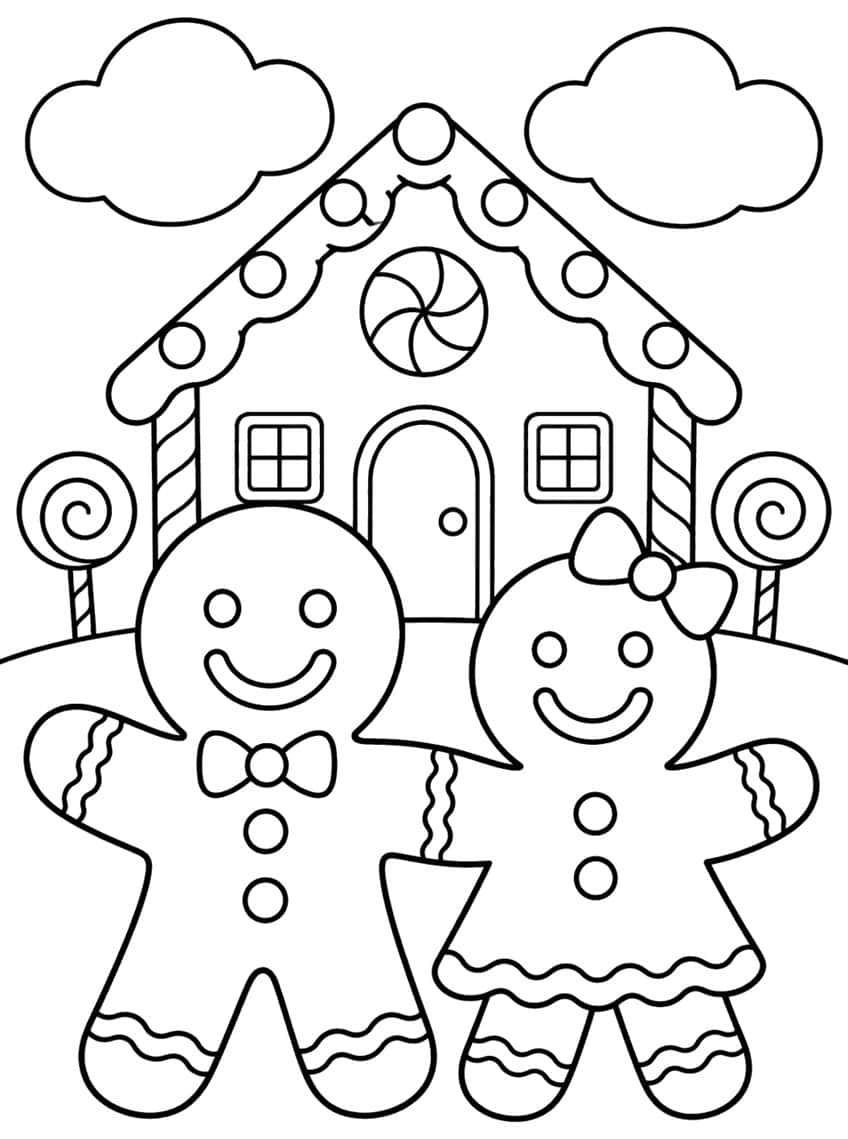 Gingerbread man and girl in front of a candy house with lollipops and two clouds