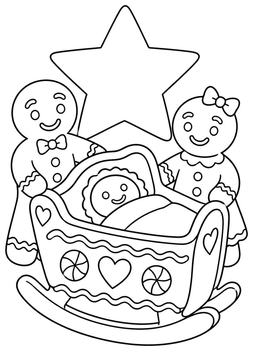 Gingerbread man and girl beside a rocking cradle with a baby cookie, hearts, peppermints and a large star