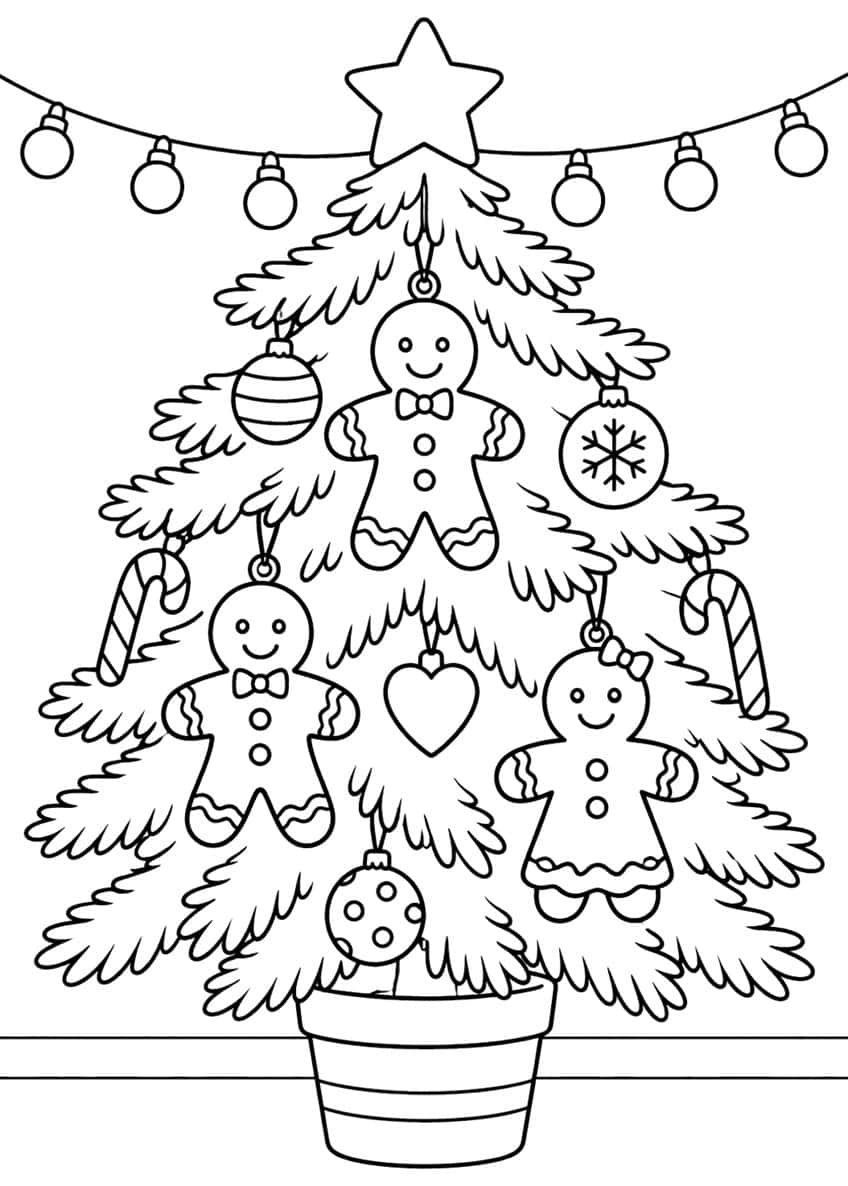 Potted Christmas tree with star, three gingerbread ornaments, baubles, candy canes, heart and a light garland