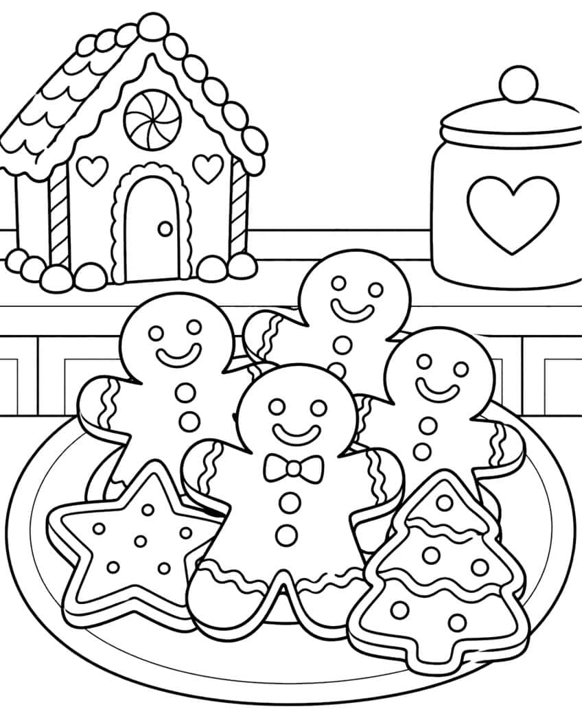 Plate with four gingerbread men, a star cookie and a tree cookie, plus a gingerbread house and a heart cookie jar