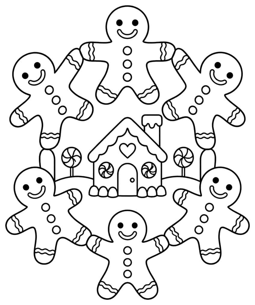 Six gingerbread men holding hands around a gingerbread house with a heart, chimney and two lollipops