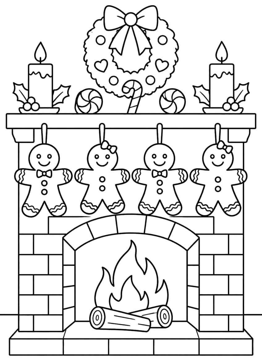 Four gingerbread cookies hanging on a brick fireplace with candles, wreath, candy cane and a log fire