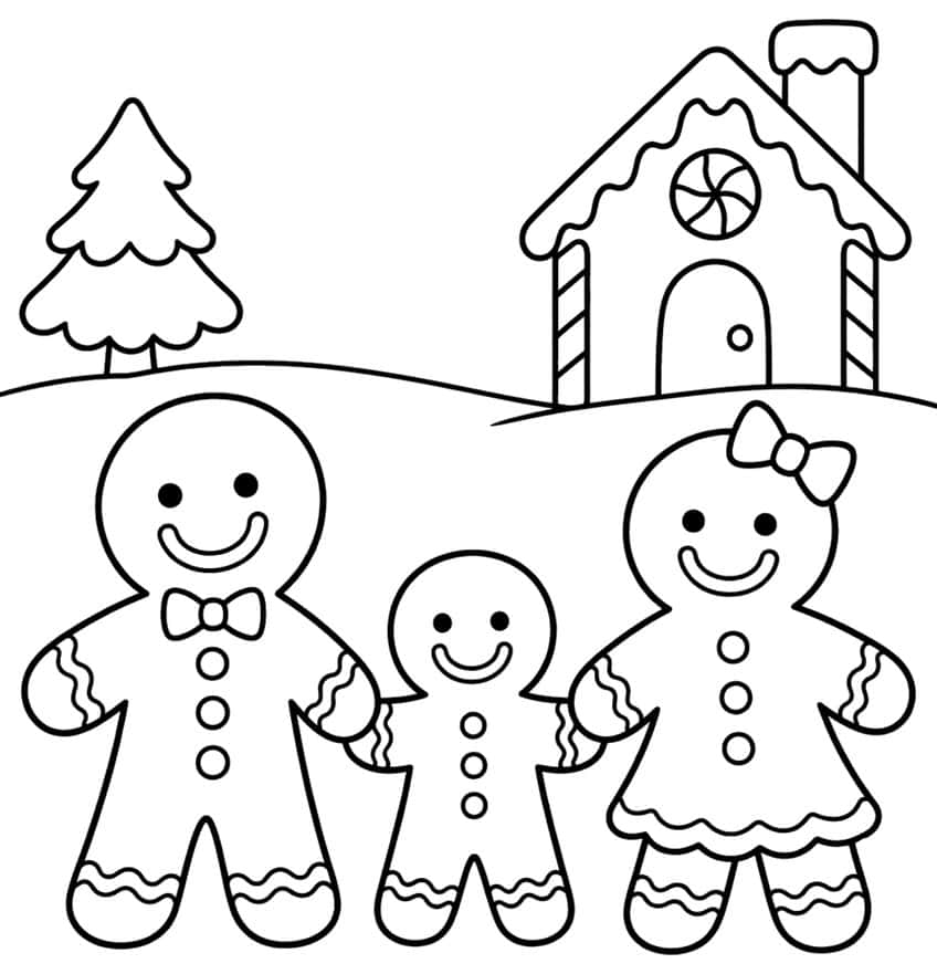 Three gingerbread figures holding hands in front of a small candy house and a fir tree