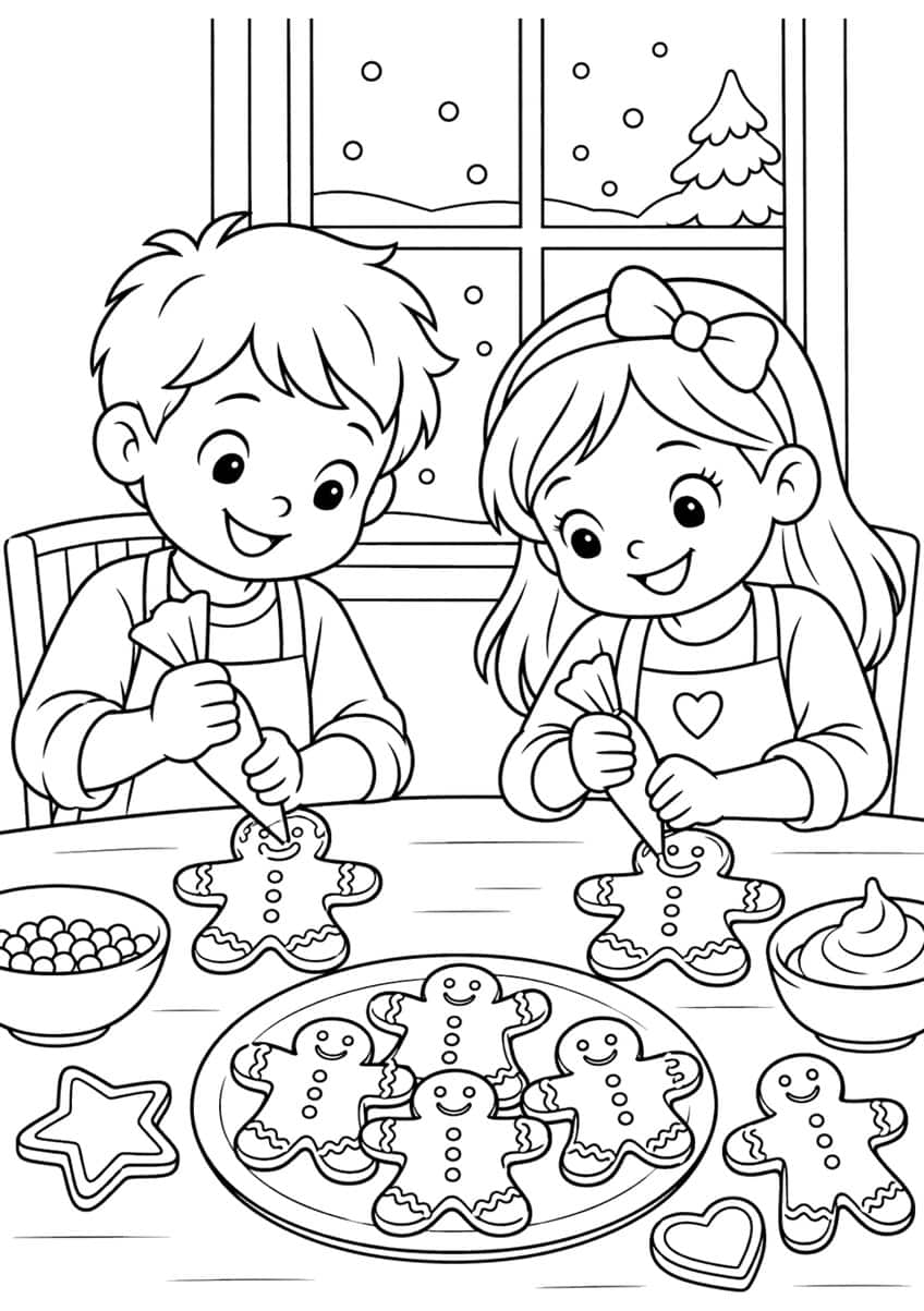 Boy and girl piping icing on gingerbread men at a table with a cookie plate, sprinkle bowl and snowy window