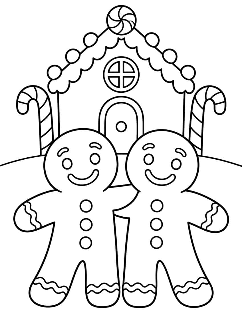 Two smiling gingerbread men arm in arm before a gingerbread house with a round window and two candy canes