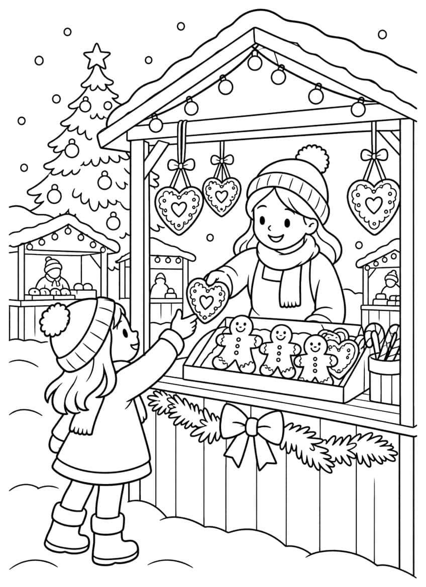 Market stall seller giving a gingerbread heart to a girl, with gingerbread men, candy canes and a Christmas tree