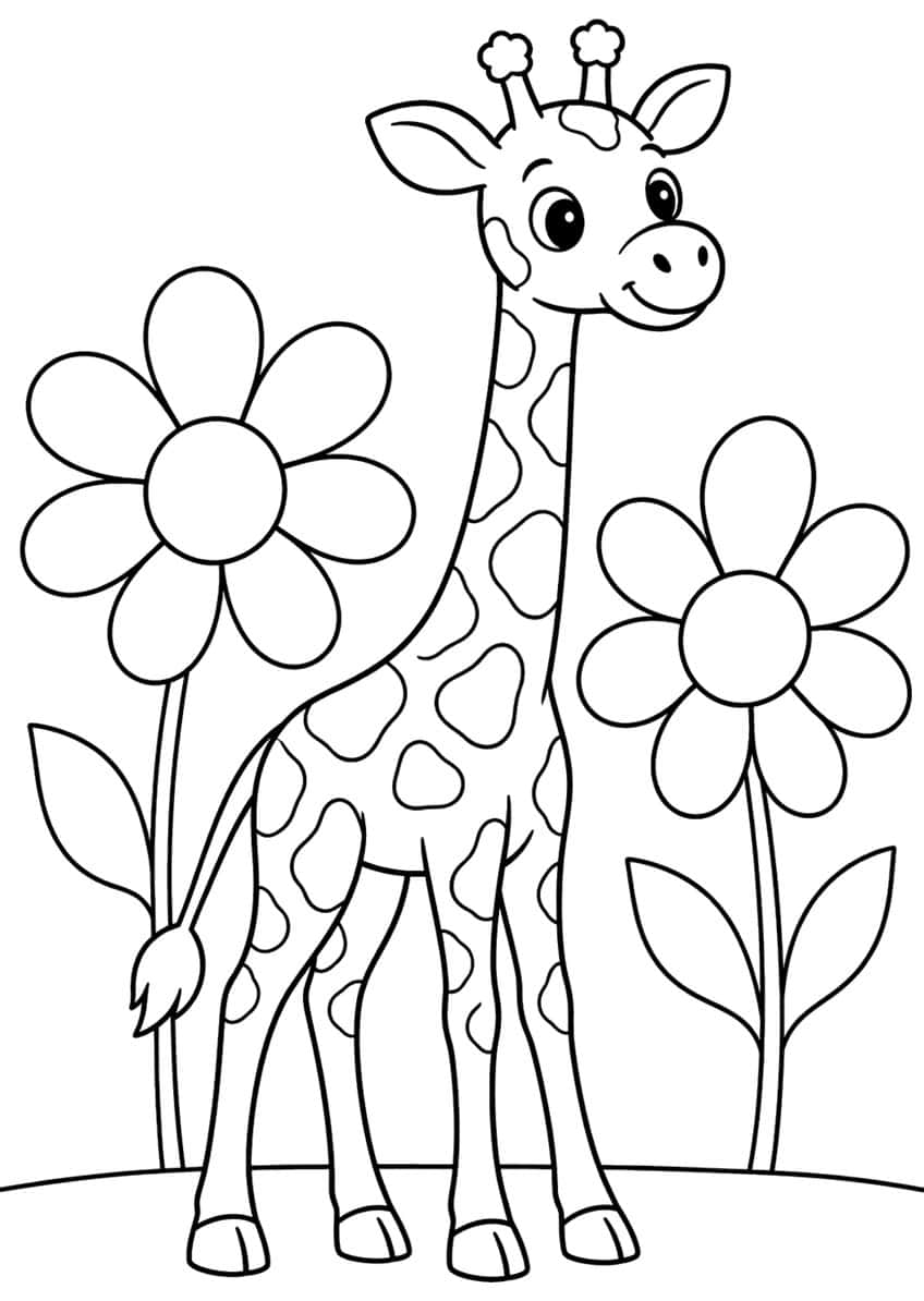Smiling baby giraffe standing between two large six-petal flowers with leaves