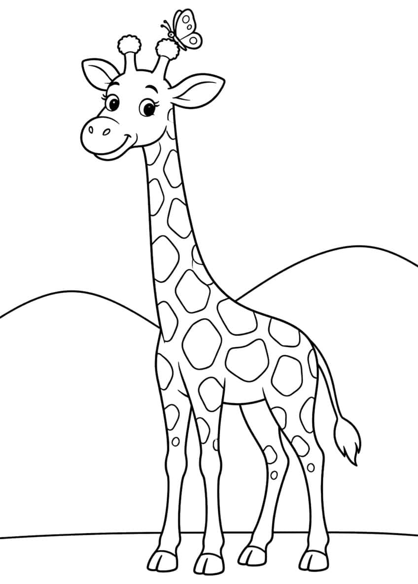Smiling giraffe with a butterfly on its horn, spotted neck, tail tuft and two hills behind