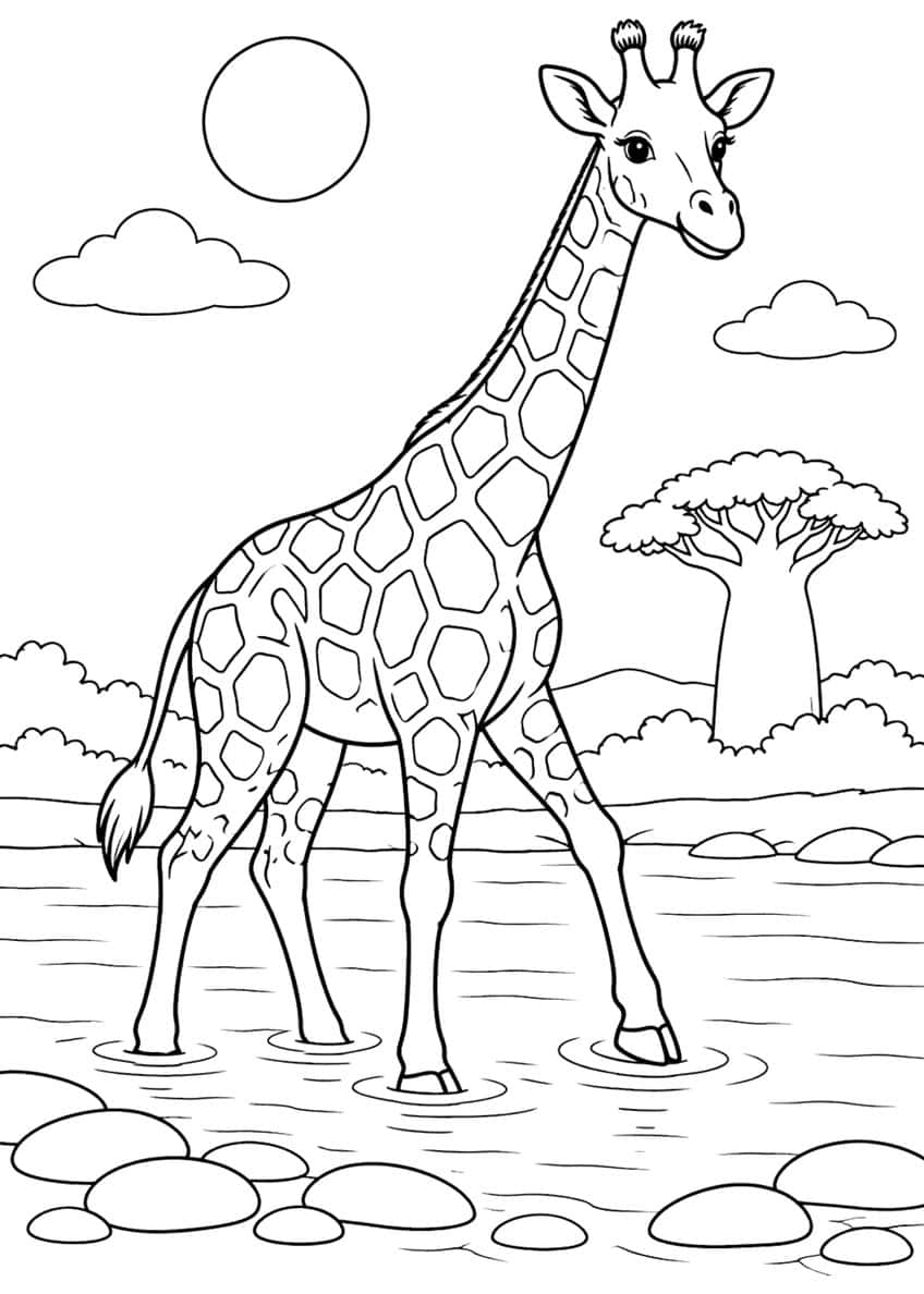 Giraffe standing in a river with stones, a baobab tree, bushes, clouds and a sun