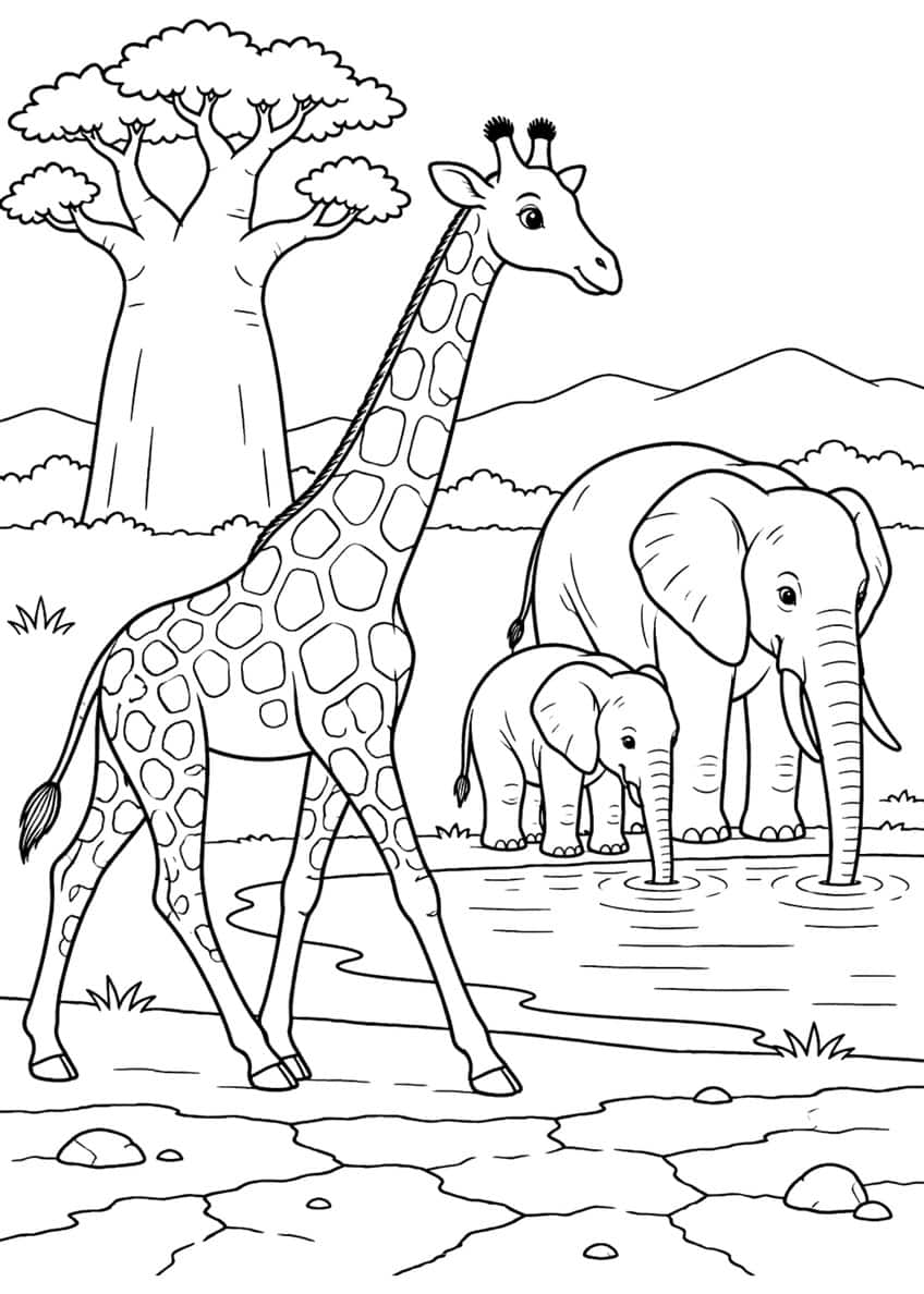 Giraffe walking near two elephants drinking at a pond, with a baobab tree and hills behind