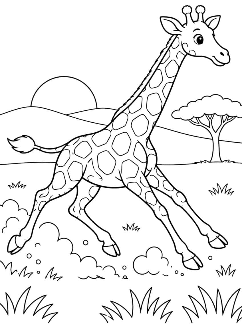 Giraffe galloping across grass with dust puffs, a setting sun, hills and an acacia tree