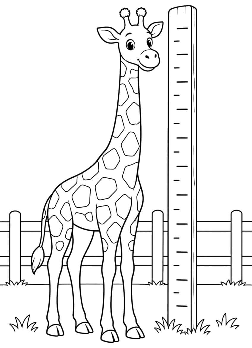 Smiling giraffe standing beside a tall wooden measuring post with a fence and grass