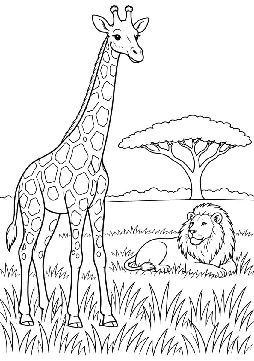 Standing giraffe, resting male lion, acacia tree and tall grass on the savanna