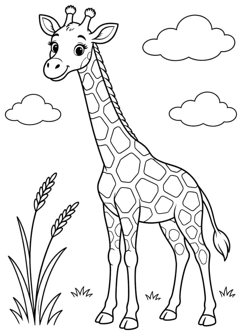 Smiling giraffe with a long spotted neck, three clouds, tall grass stalks and small grass tufts