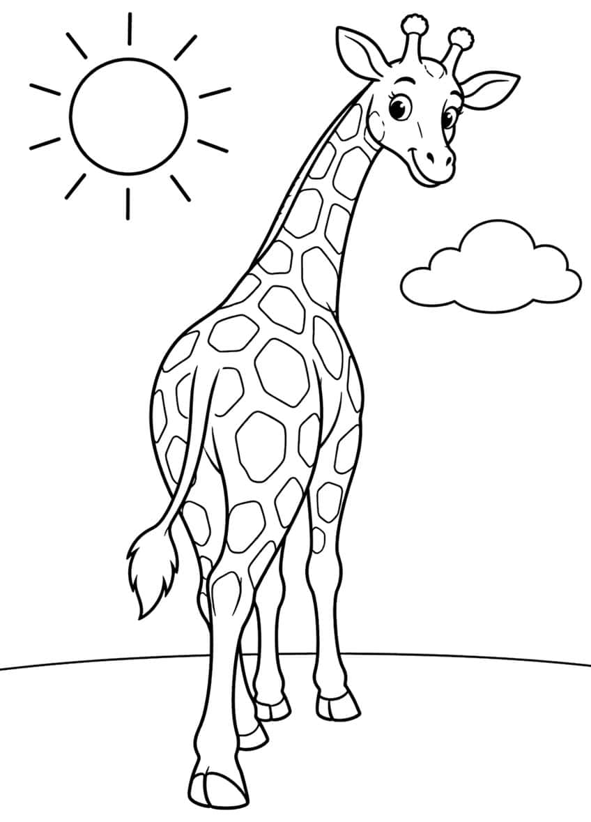 Giraffe seen from behind looking back, with spots, tufted tail, sun with rays and a cloud