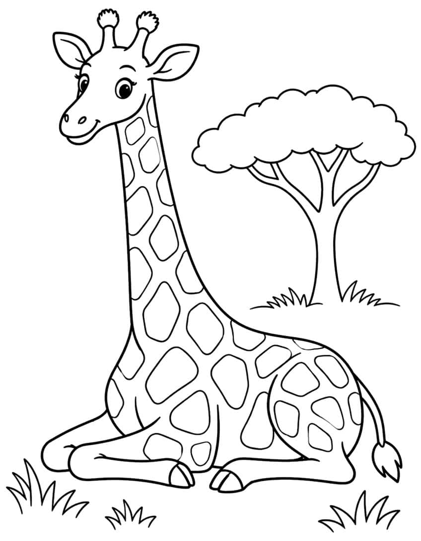 Smiling giraffe lying down with folded legs, a small acacia tree and grass tufts