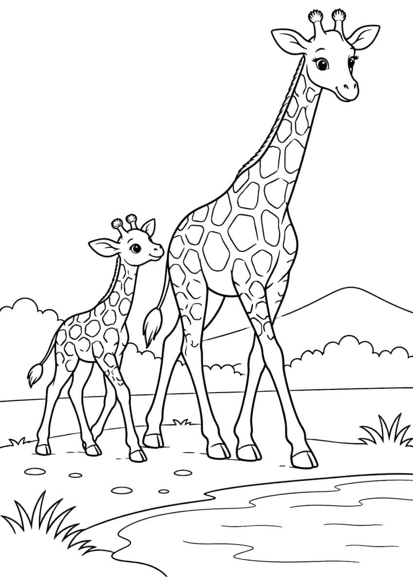 Adult giraffe and calf walking past a pond, bushes, a hill, pebbles and grass tufts