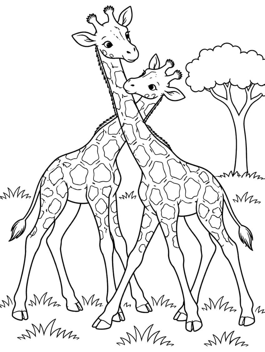 Two giraffes with crossed necks, grass tufts and an acacia tree