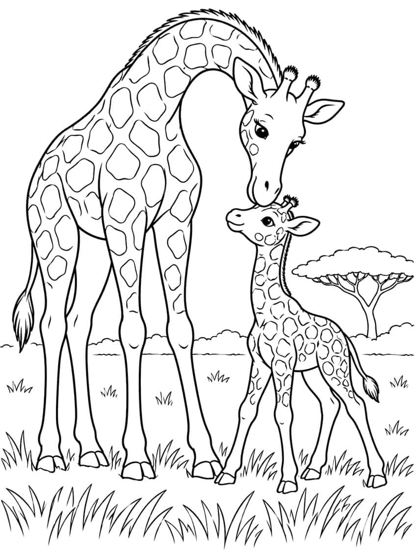 Mother giraffe nuzzling a small calf, with an acacia tree, bushes and grass around them