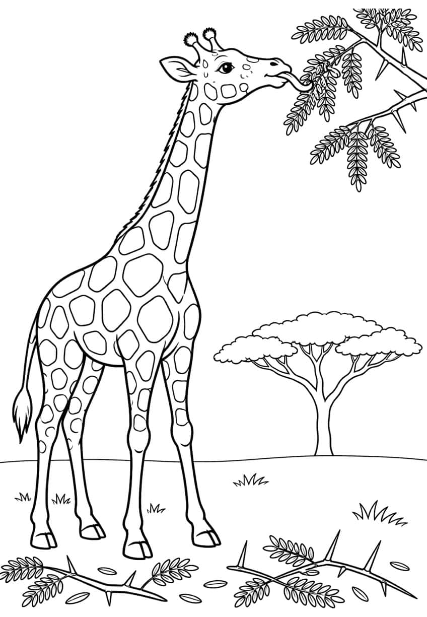 Giraffe reaching up to eat leaves from a thorny acacia branch, with a distant acacia tree and grass