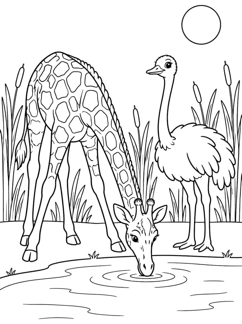 Giraffe drinking from a pond next to an ostrich, with cattails, reeds and a round sun