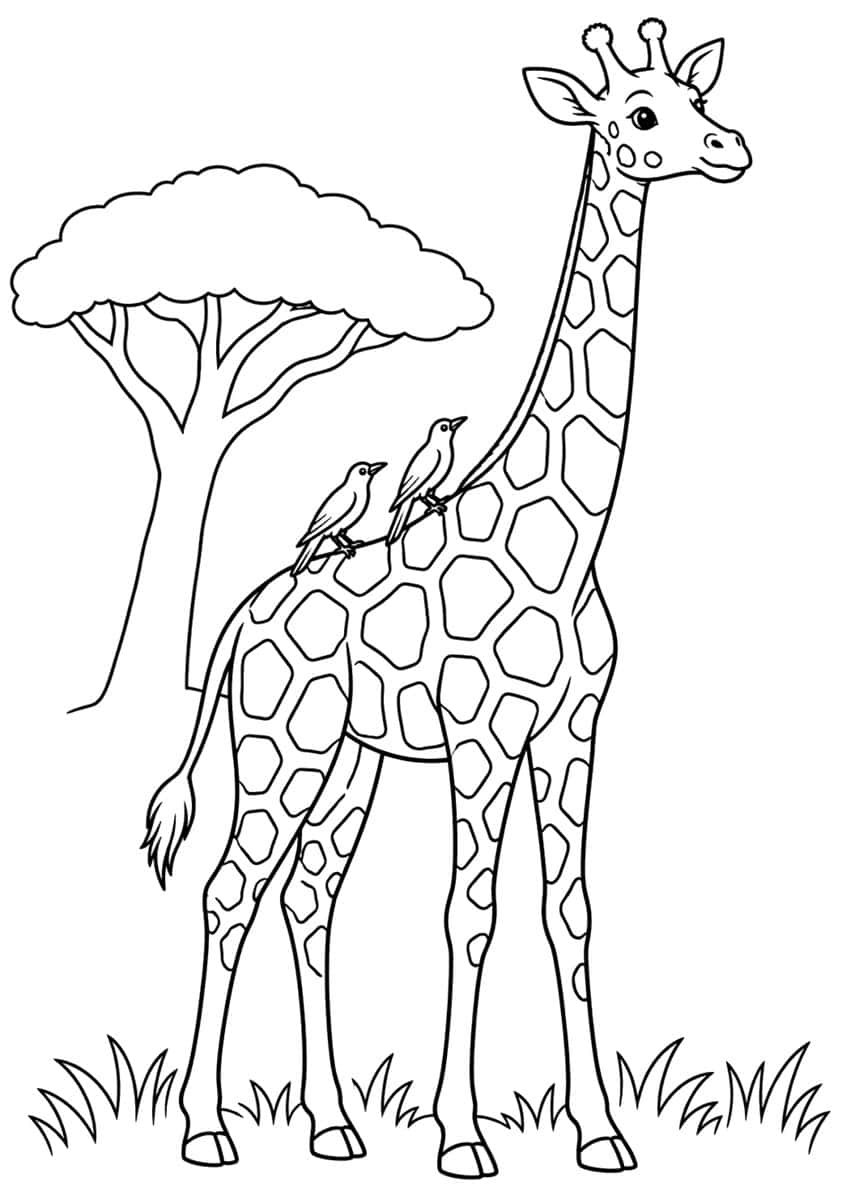 Standing giraffe with two small birds on its back, an acacia tree behind and grass tufts below