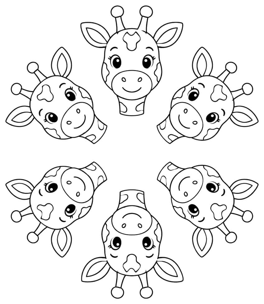 Six smiling cartoon giraffe heads arranged in a circle, with horns, ears and patches