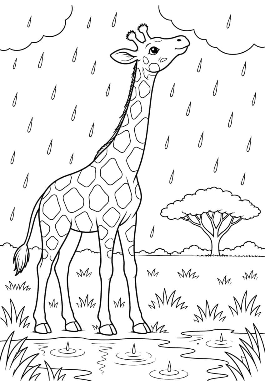 Smiling giraffe in the rain with clouds, raindrops, an acacia tree, grass tufts and a rippling puddle