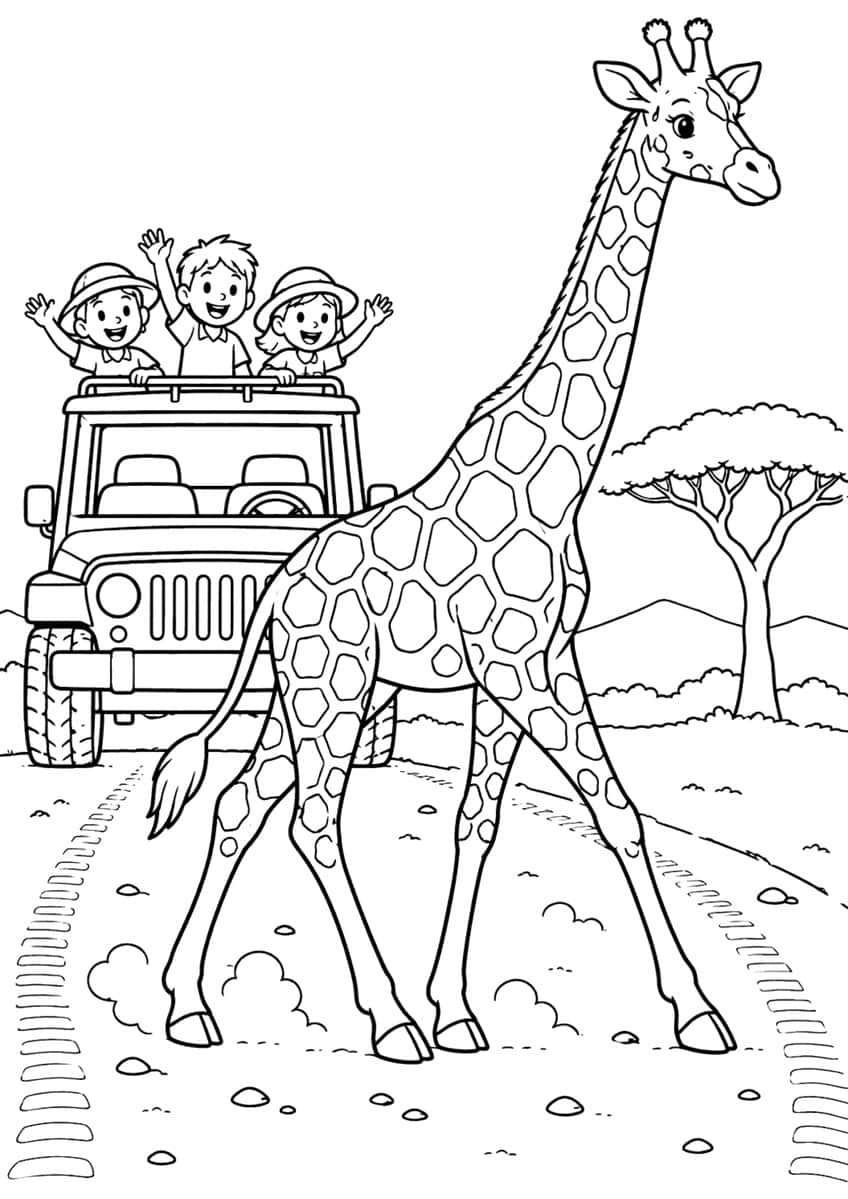 Giraffe walking past a safari jeep with three waving children, acacia tree and hills
