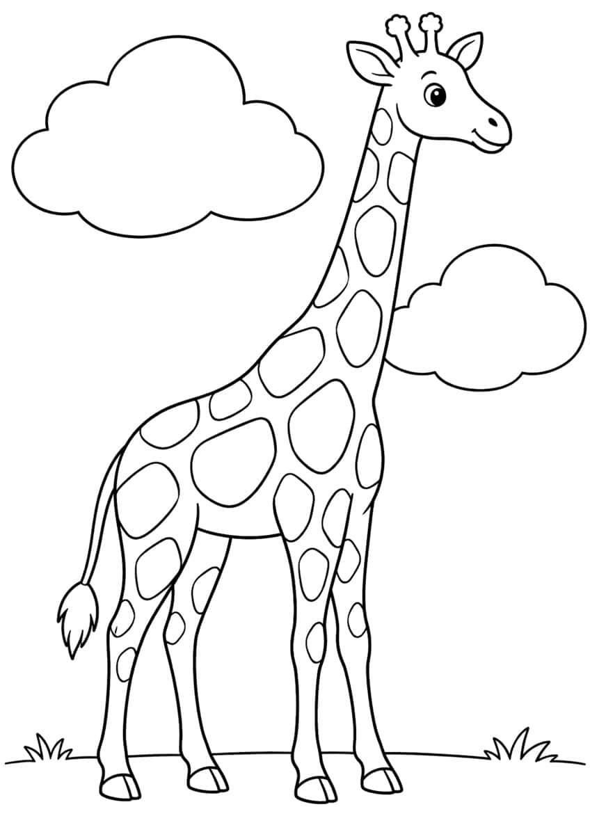 Smiling giraffe with large spots, two clouds and grass tufts