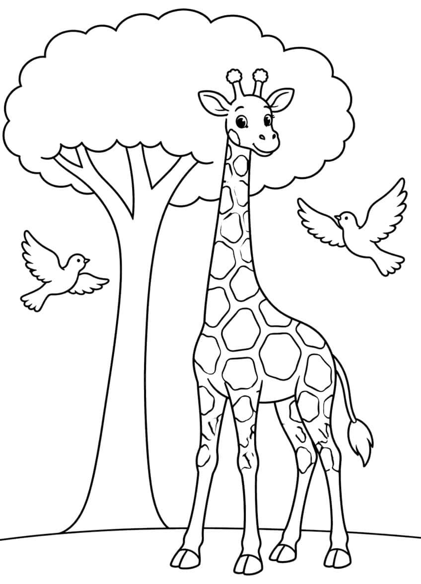 Standing giraffe with a spotted neck, a large leafy tree and two flying birds on a grassy line