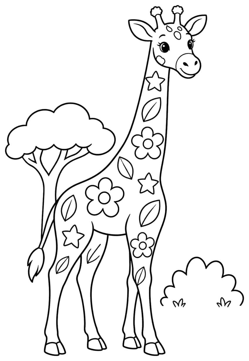 Smiling giraffe with flower, star and leaf patches beside an acacia tree and a bush