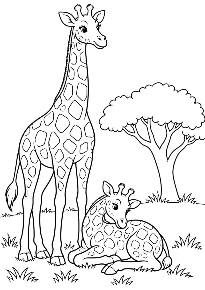 Standing adult giraffe and a resting calf on grass with an acacia tree and grass tufts